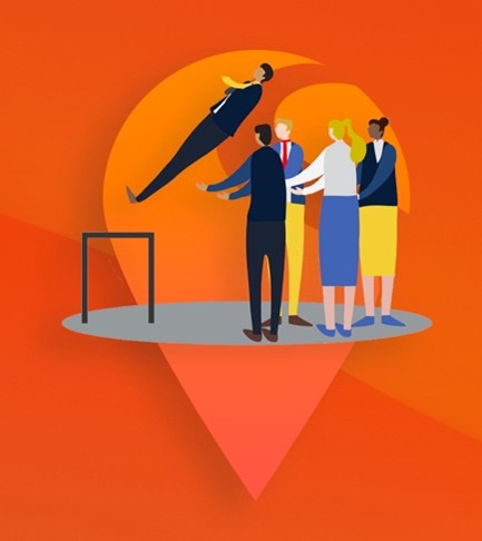 A group of people supports a falling individual, symbolizing trust and teamwork.