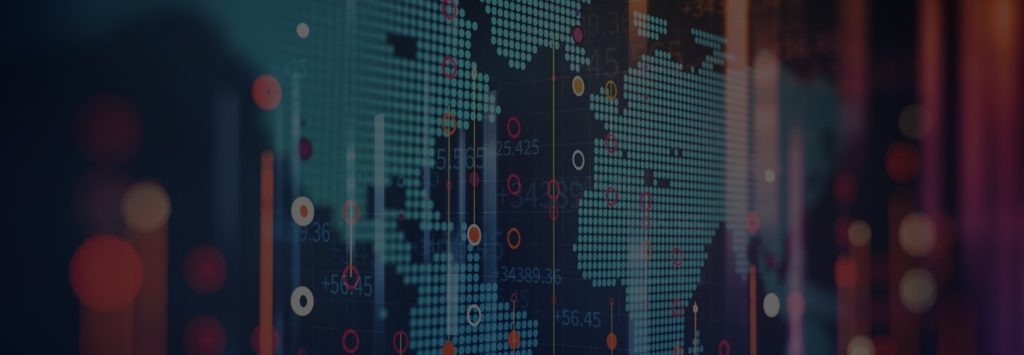 Digital world map with data points and financial graphs in a dark, futuristic design.