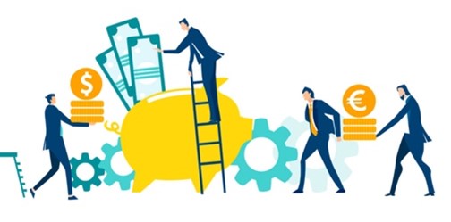 Business professionals collaborate around a piggy bank, symbolizing financial growth and investment.