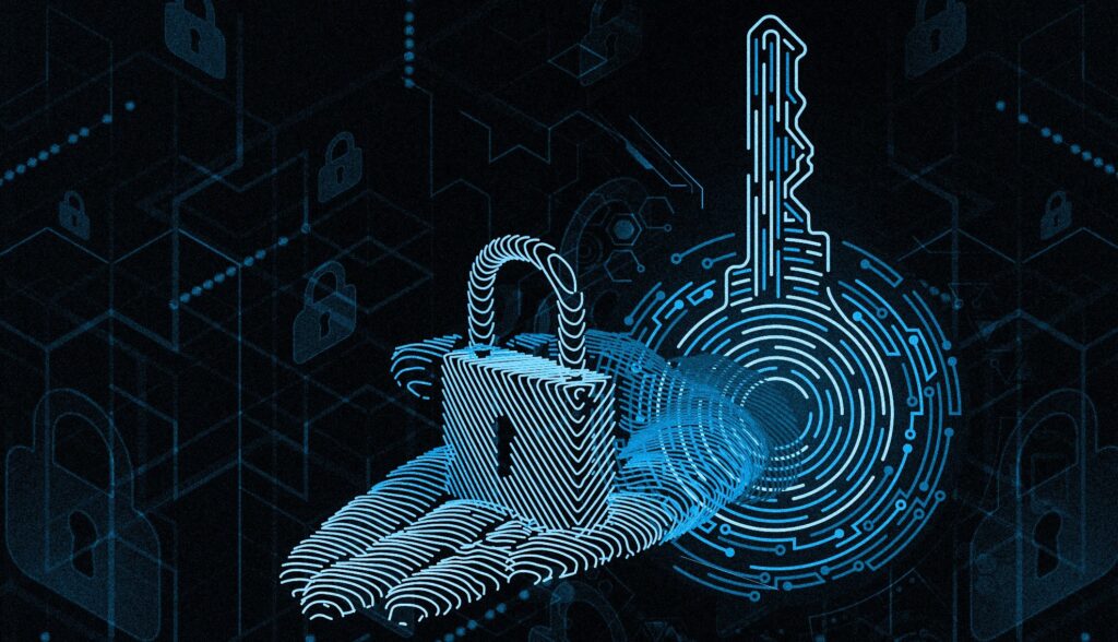 Digital lock and key concept with abstract cybersecurity and encryption elements in blue tones.