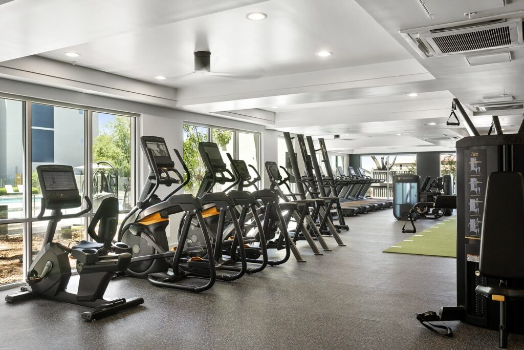 Modern gym with cardio machines, strength equipment, and large windows for natural light.