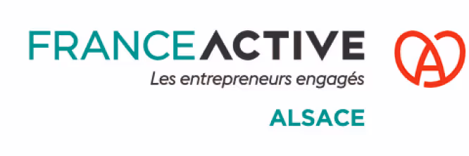 Logo France Active Alsace avec le slogan Les entrepreneurs engagés et un symbole rouge stylisé à droite.
