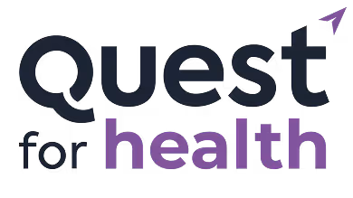 Texte stylisé « Quest for health » avec un avion en papier violet décollant du T.