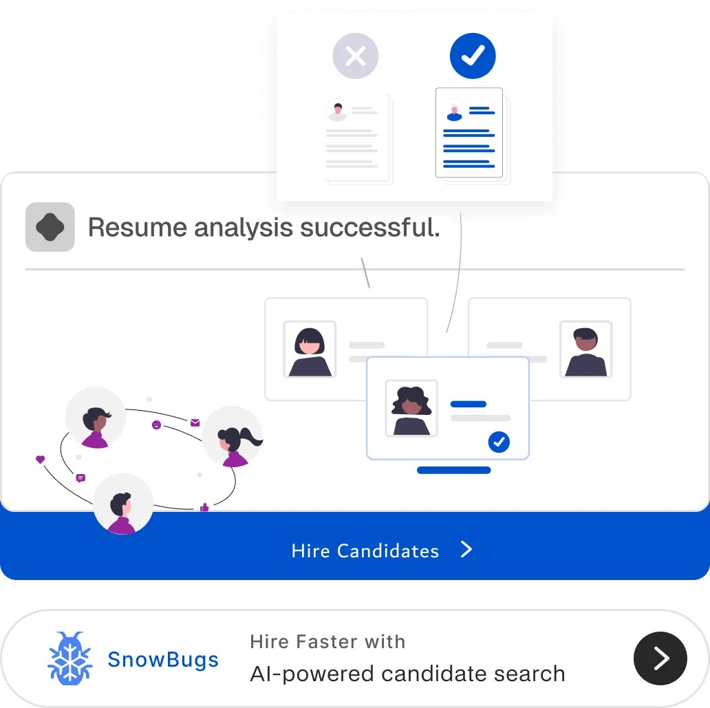Interface showing successful resume analysis highlighting a candidate profile with a blue checkmark and option to hire candidates.