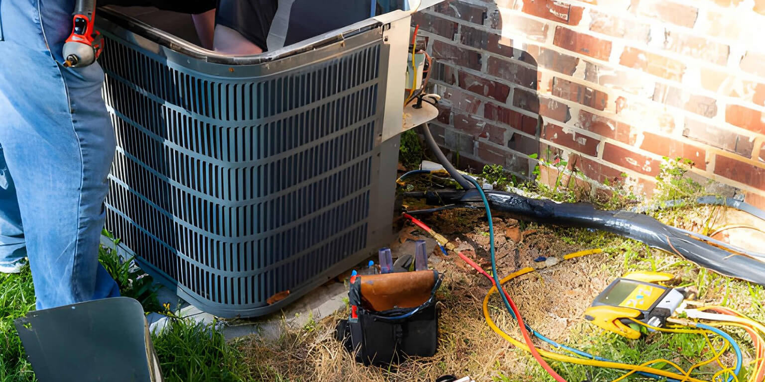 Technician servicing an AC unit for a townhouse AMC in a Dubai community.