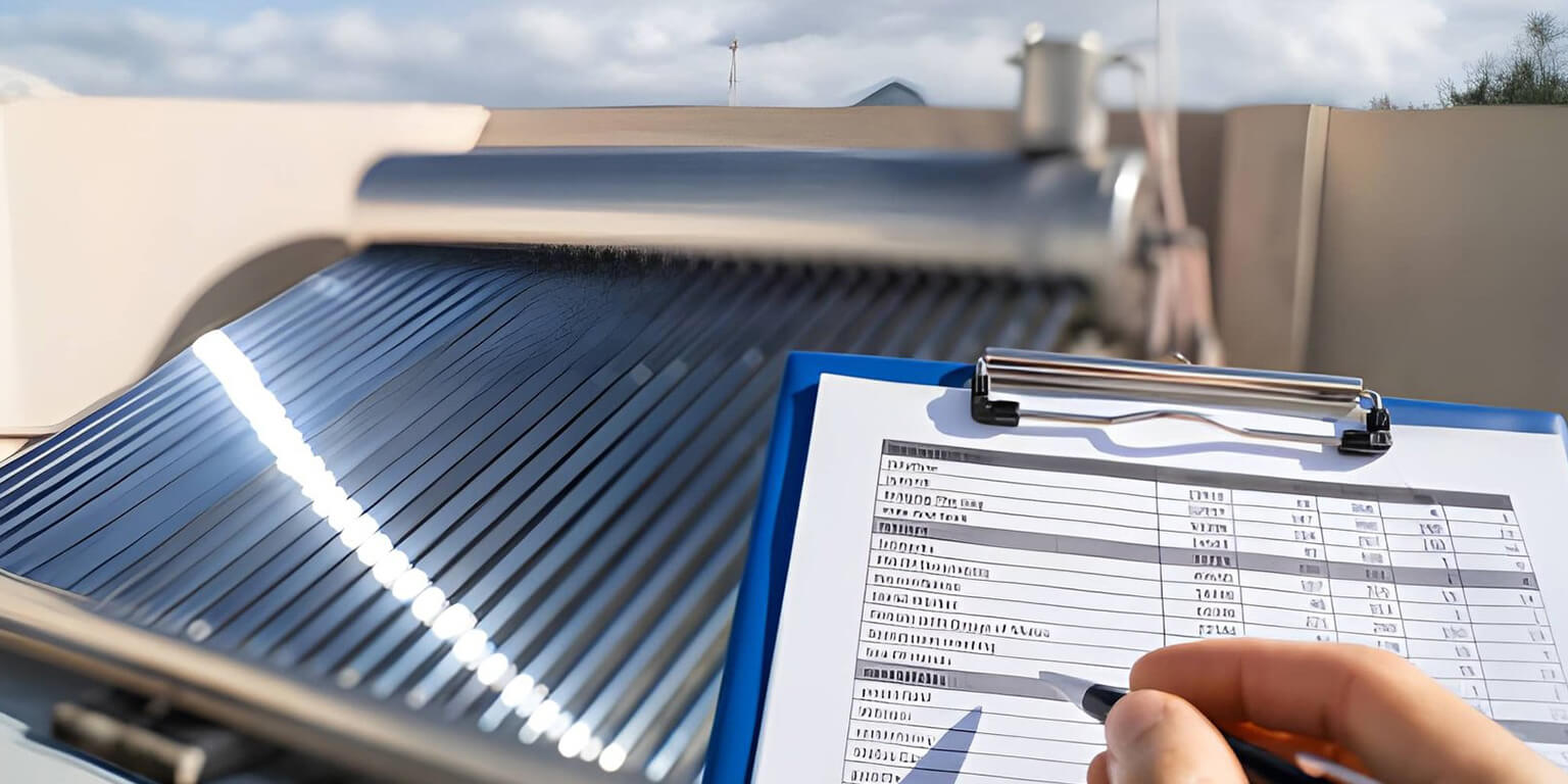 Technician checking solar water heater panels on a Dubai villa roof as part of a maintenance checklist
