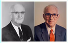 Side-by-side portraits of an elderly man wearing glasses and a suit, shown in black and white on the left and color on the right.