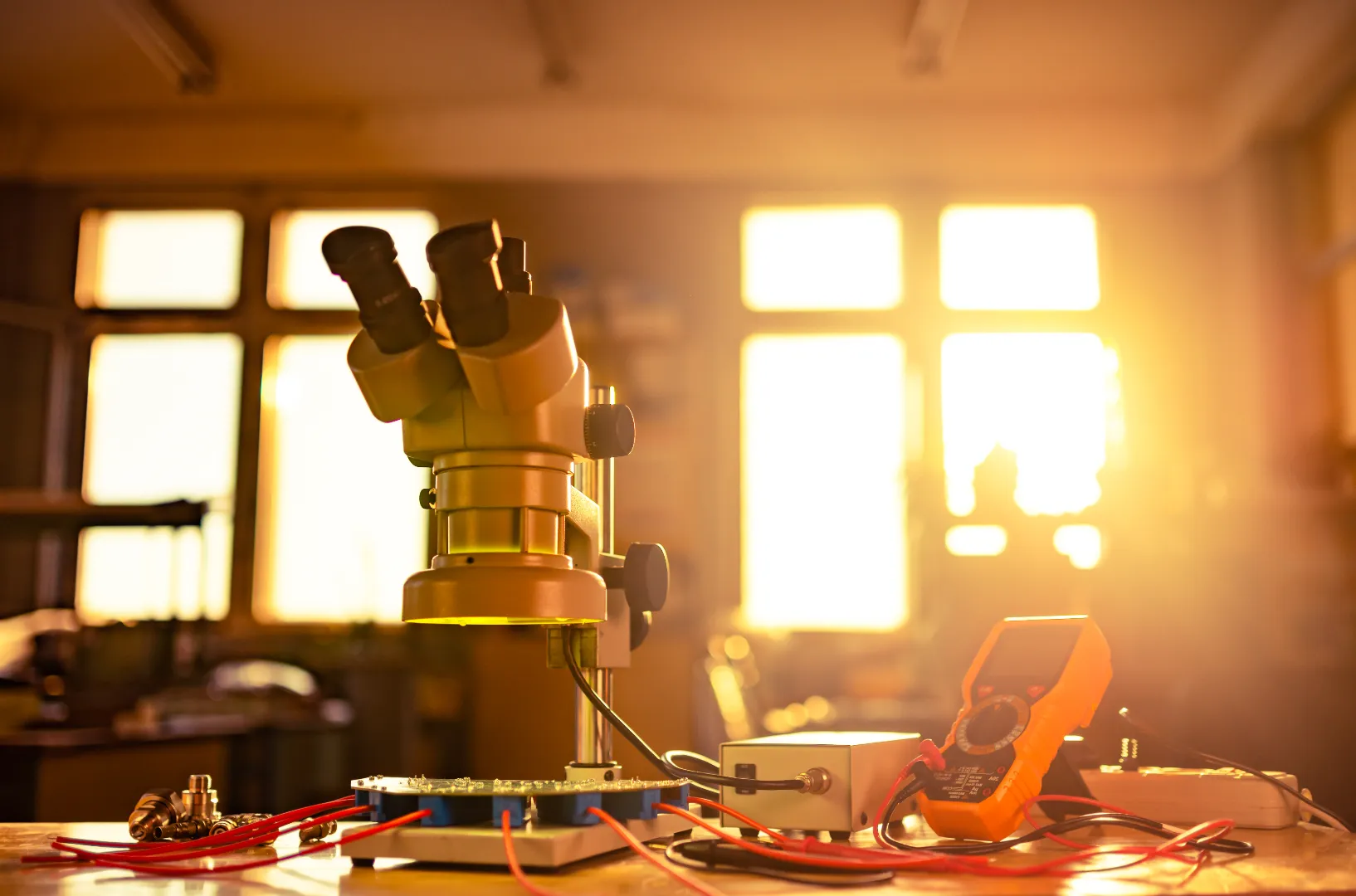 Microscope and multimeter setup on a table surrounded by wires and cables in a sunlit laboratory.