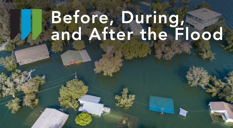 A banner with text Before, During, and After The Flood