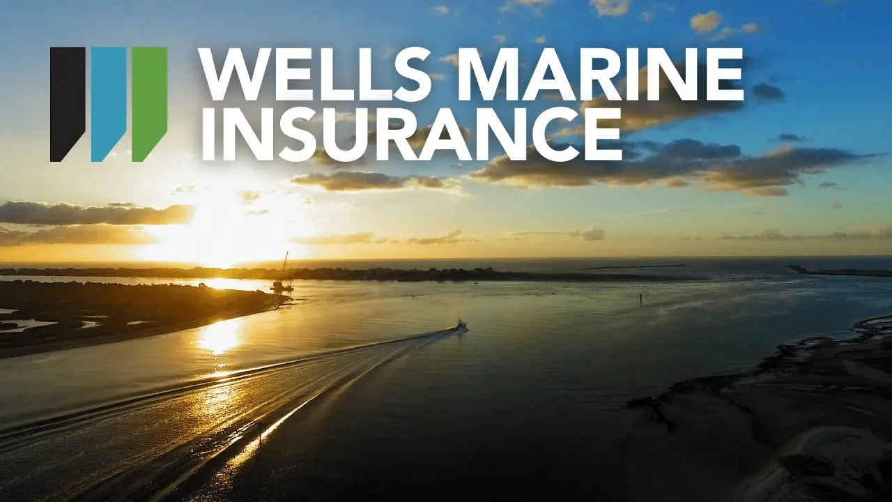 Wells Marine Insurance logo over a sunset-lit coastal waterway with a small boat leaving a wake.