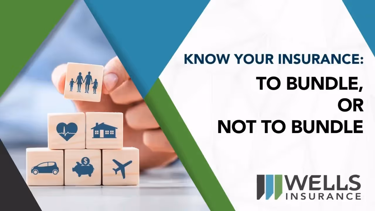 Know Your Insurance: to bundle or not to bundle, illustrated with blocks showing family, car, home, health, travel.