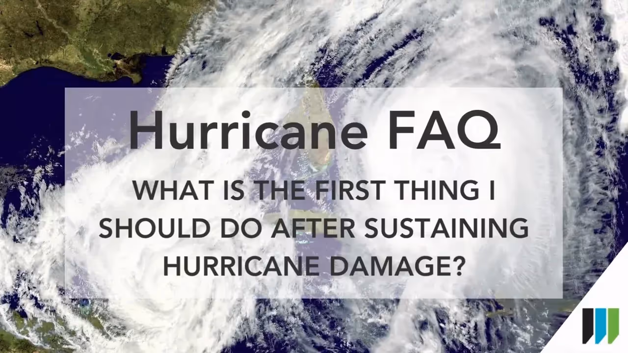 Hurricane satellite image of a massive storm approaching land, with an overlay reading Hurricane FAQ: What is the first thing I should do after sustaining hurricane damage?