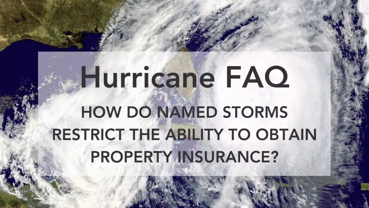 Hurricane satellite image of a massive storm approaching land, with an overlay reading Hurricane FAQ: How do named storms restrict the ability to obtain property insurance?