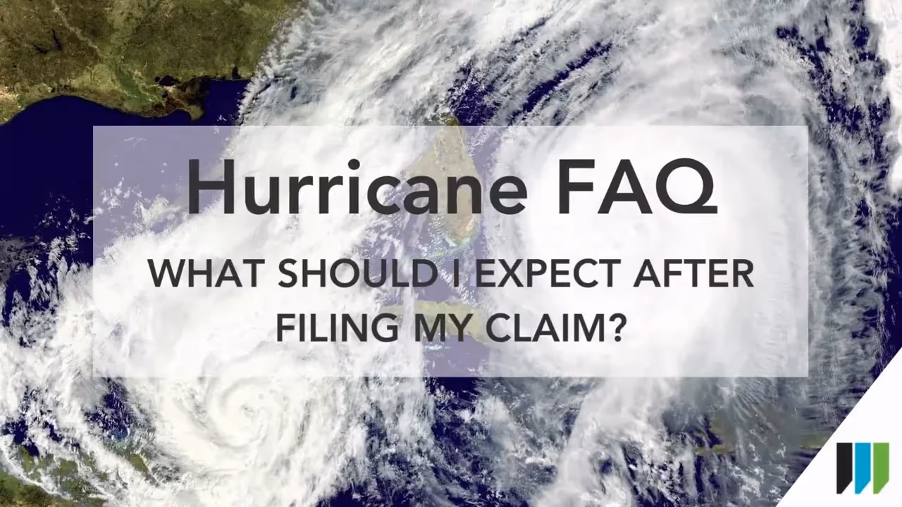Hurricane satellite image of a massive storm approaching land, with an overlay reading Hurricane FAQ: What should I expect after filing my claim ?