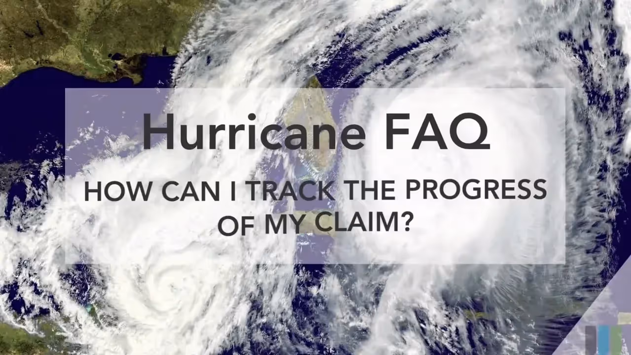 Hurricane satellite image of a massive storm approaching land, with an overlay reading Hurricane FAQ: How can I track the progress of my claim ?