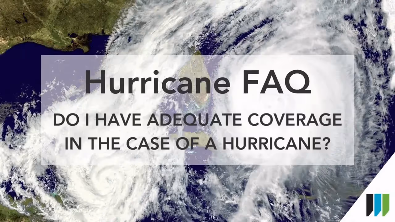 Hurricane satellite image of a massive storm approaching land, with an overlay reading Hurricane FAQ: Do I have adequate coverage in the case of a hurricane ? 