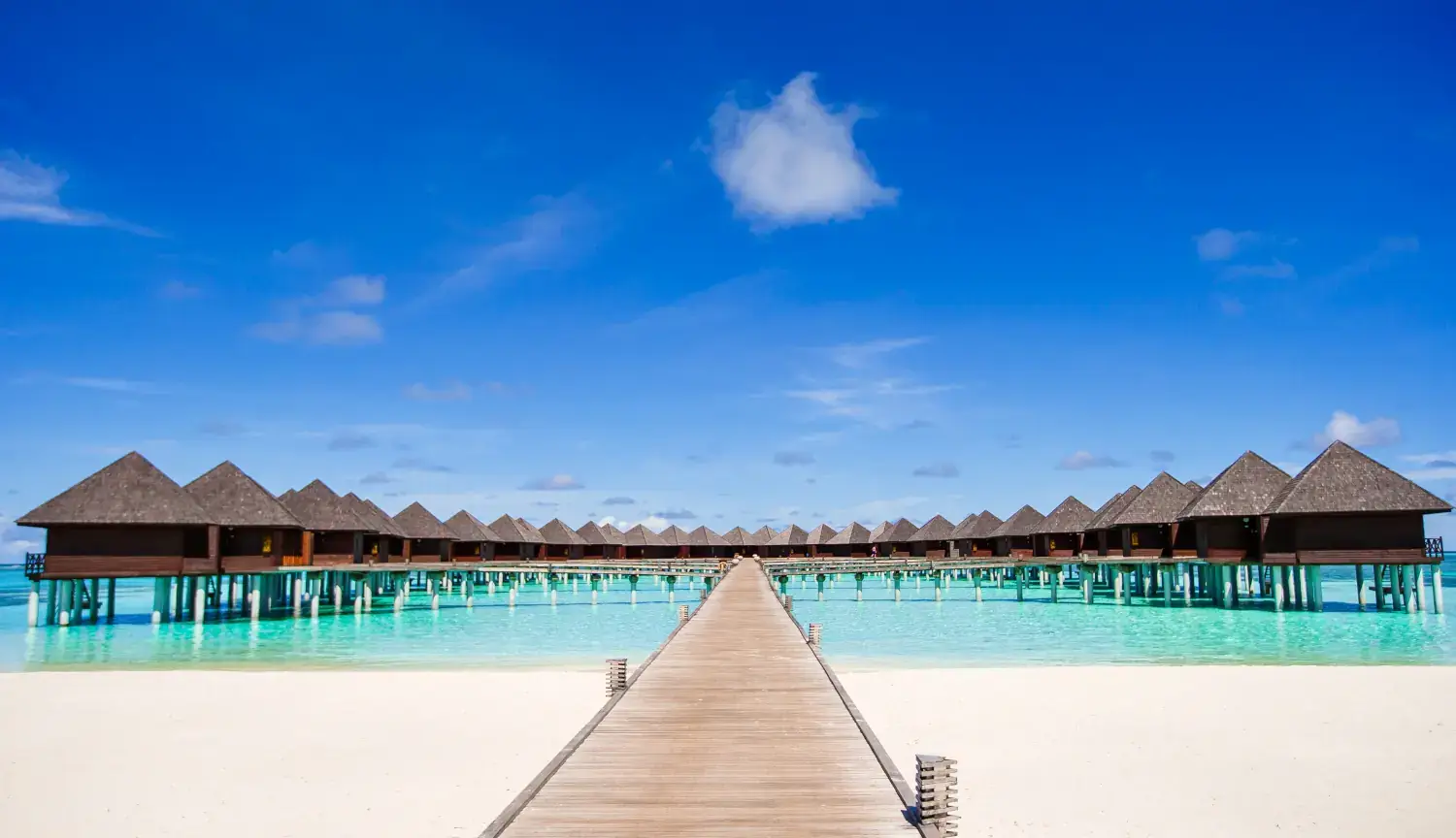 Jetty to overwater bungalows in the Maldives.