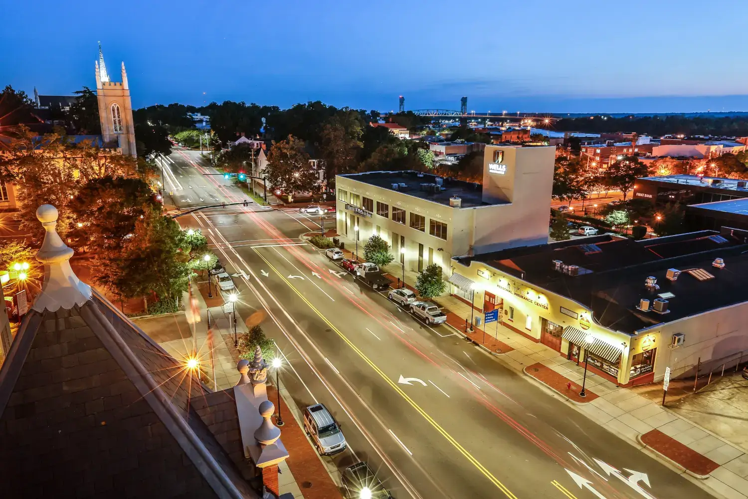 Wells insurance building exterior view at night