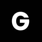 White capital letter G on a black square background.
