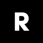 White capital letter R on a black square background.