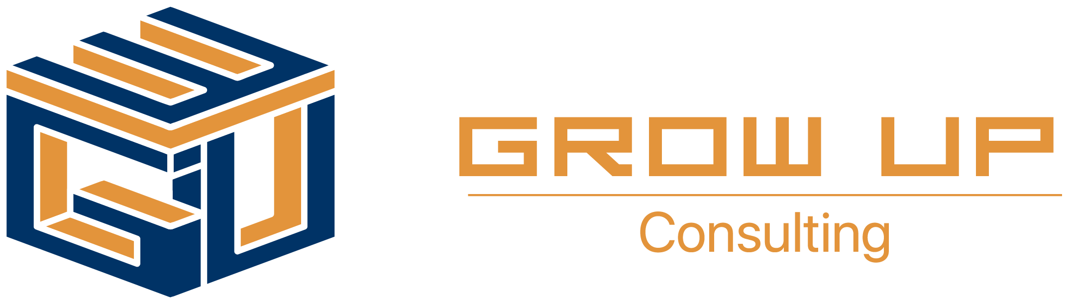 Logo géométrique bleu et orange avec le texte Grow Up Consulting en orange.