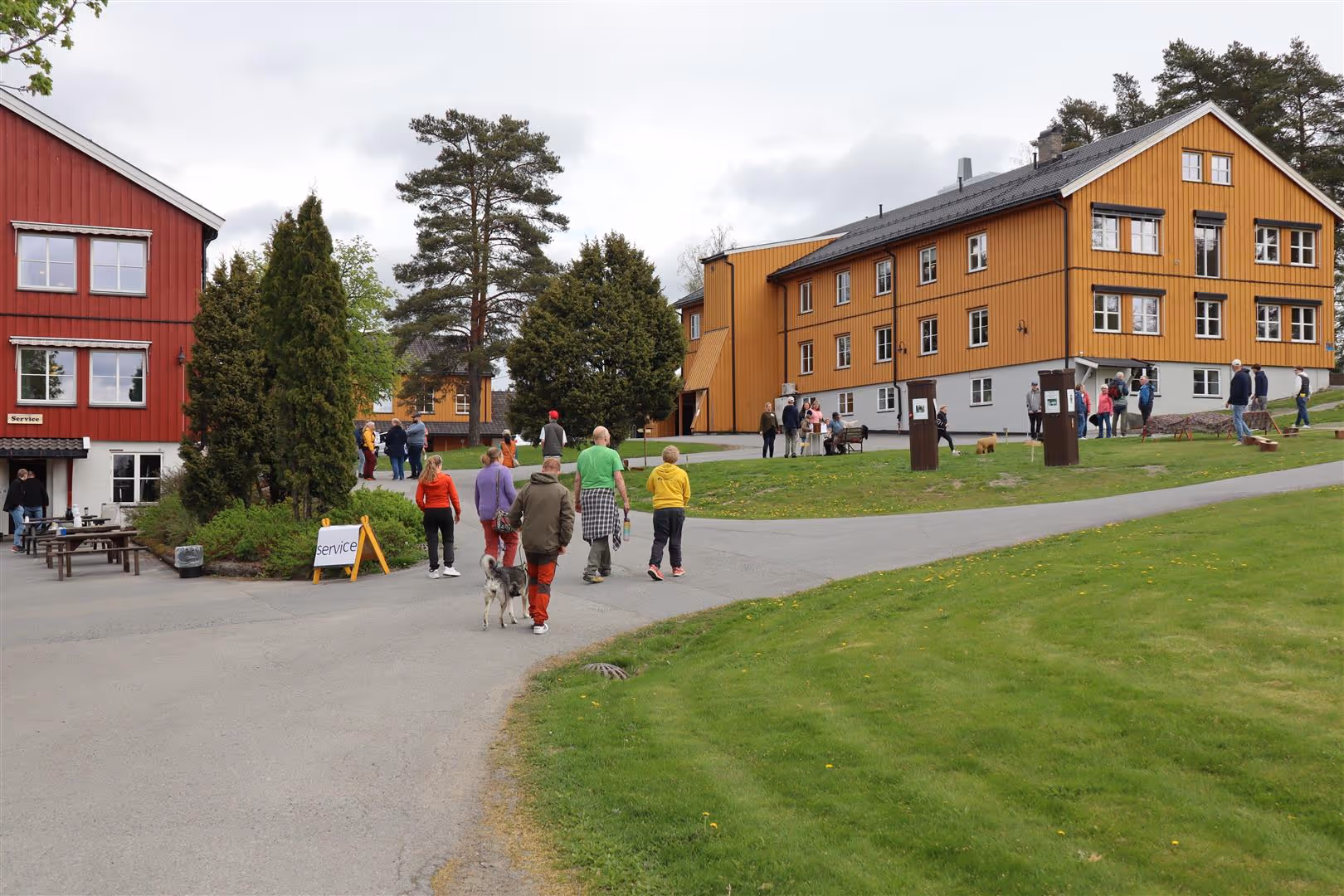 Gruppe mennesker som går og samles ved røde og gule bygninger på en sti med grønt gress i et område med trær.