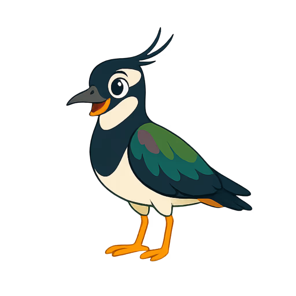 Tegneseriestil fugl med svart hode, grønn vinge og oransje ben som smiler.
