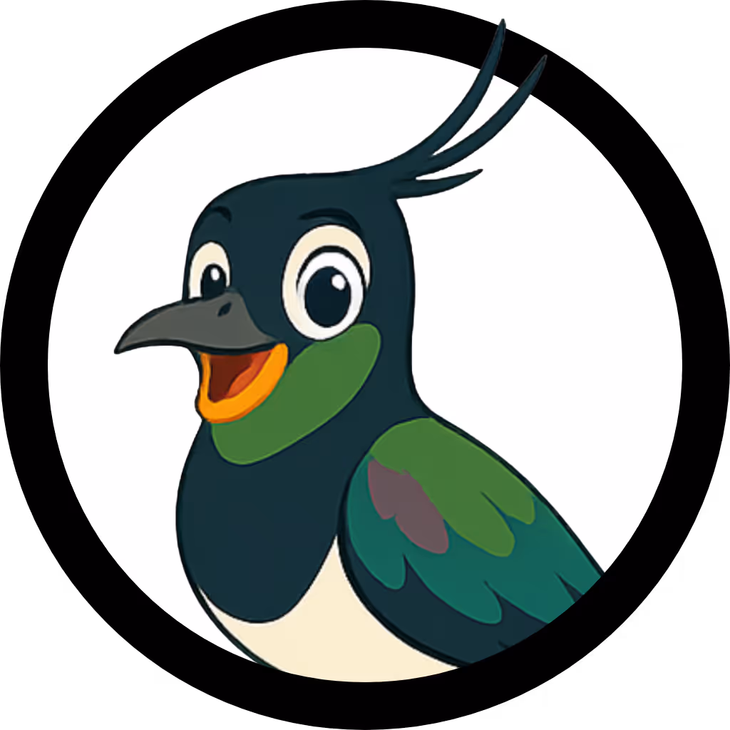 Tegneserie av en glad fugl med svart, grønt og hvitt fjærdrakt og oransje nebb.