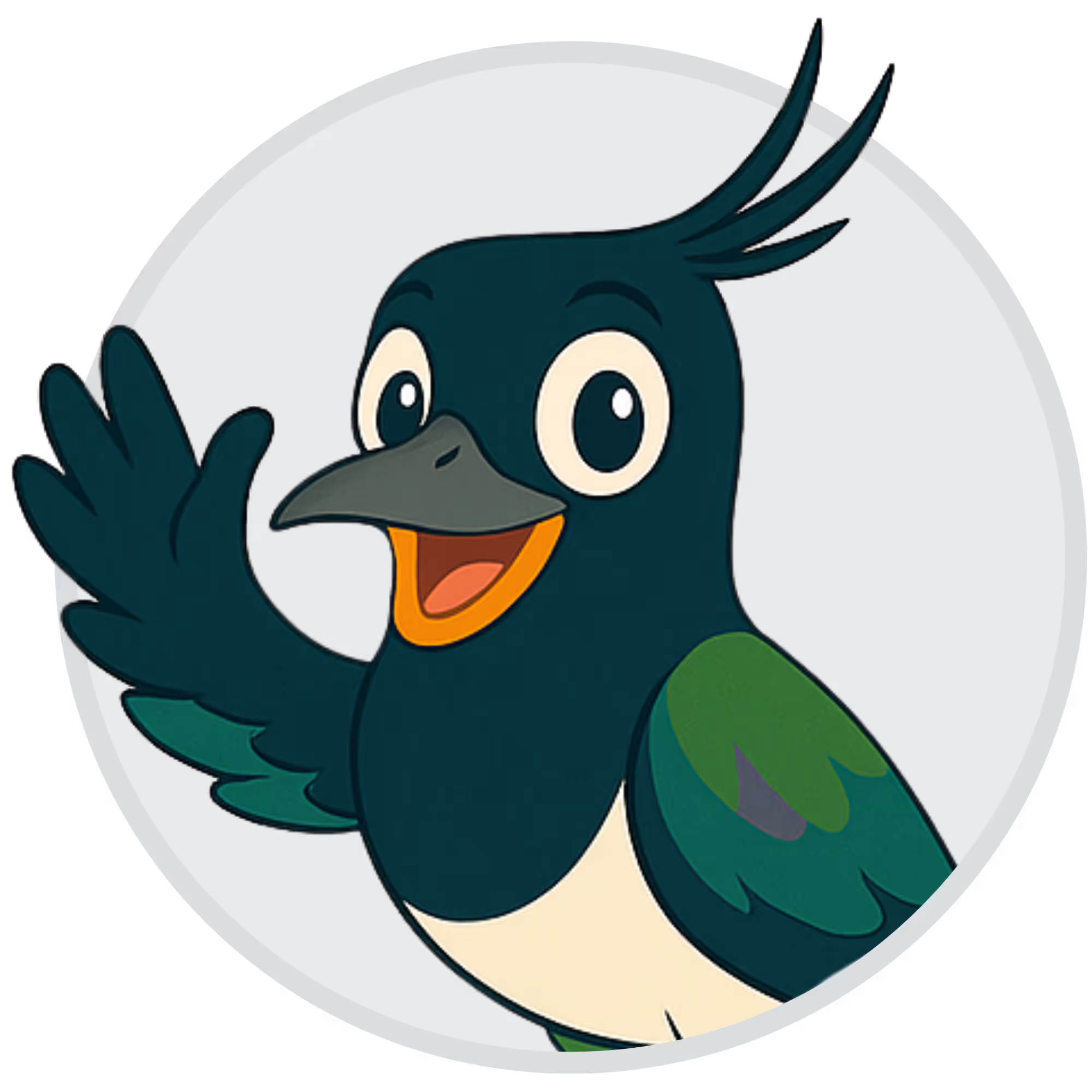 Tegneseriefigur av en glad fugl som vinker med vingen innenfor en lys sirkelbakgrunn.