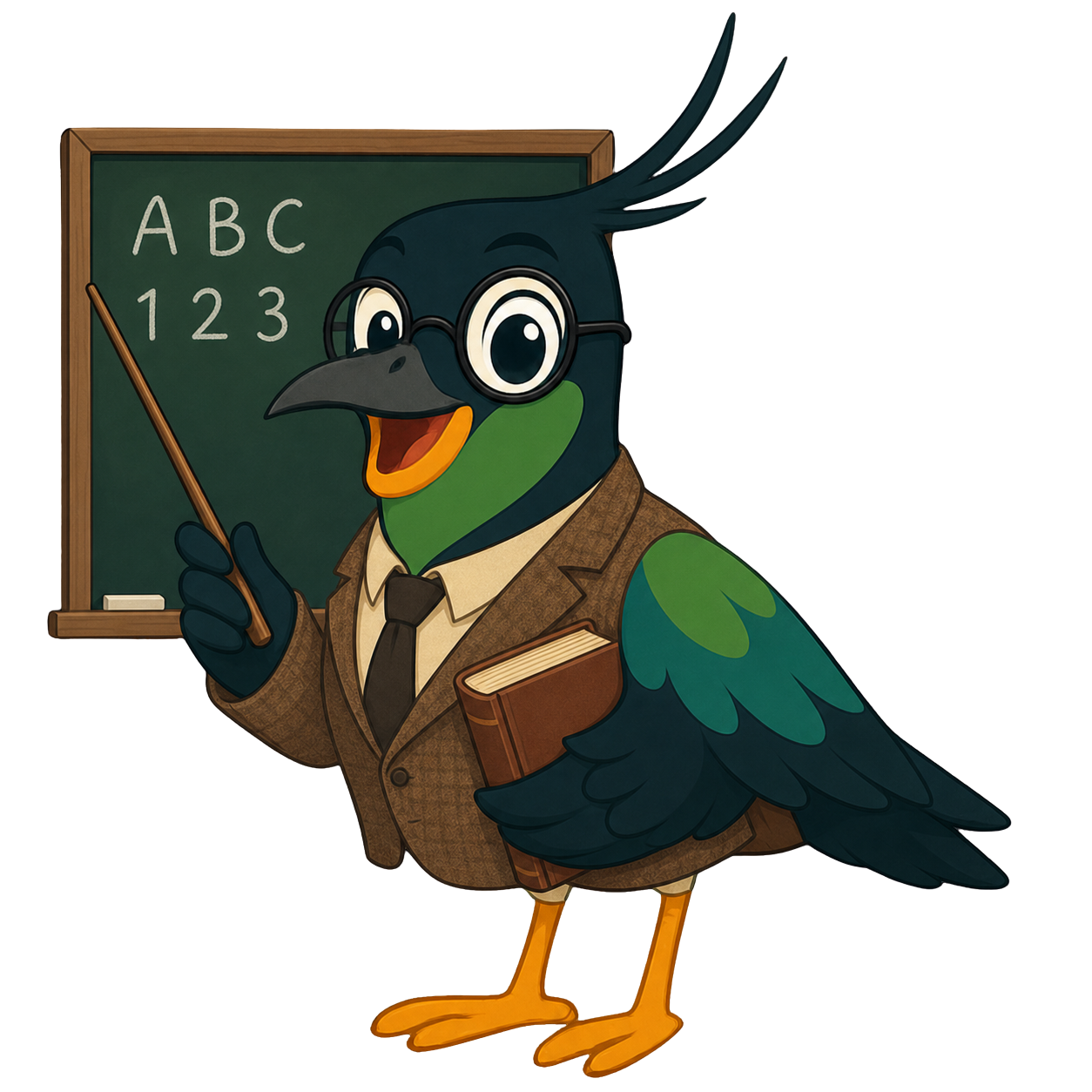 En fugl med briller, dress og bok, peker på en tavle med ABC og 123 skrevet.