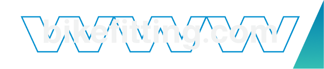 bikefitting.com text over blue outlined hexagons on white background with blue and green gradient triangular shape on the right.