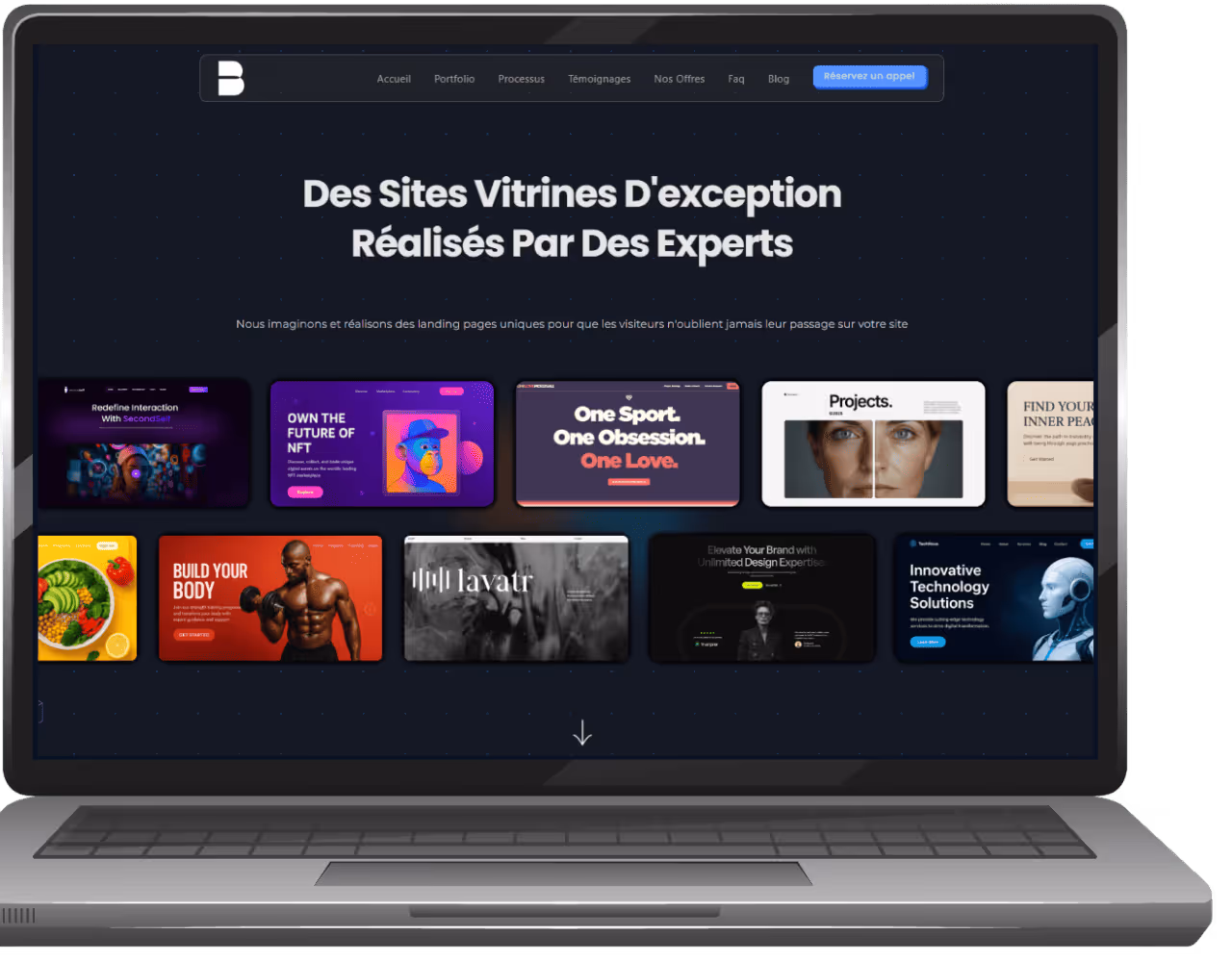 Photo d'un mcbook avec fond d'écran du site Studio Balan pour illustrer l'adaptation du développement sur tous les supports.