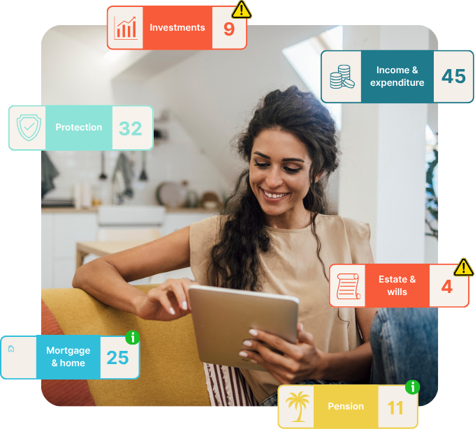 Smiling woman sitting on yellow couch using a tablet with colorful financial category icons labeled Investments, Protection, Income & expenditure, Mortgage & home, Pension, and Estate & wills.