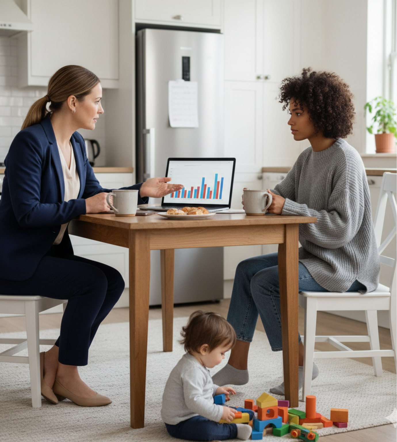 Two women having a discussion at a kitchen table with a laptop showing bar charts while a toddler plays with colorful blocks on the floor nearby.