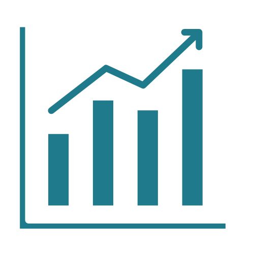 Bar chart with four vertical bars increasing in height and a zigzag line with an upward arrow indicating growth.
