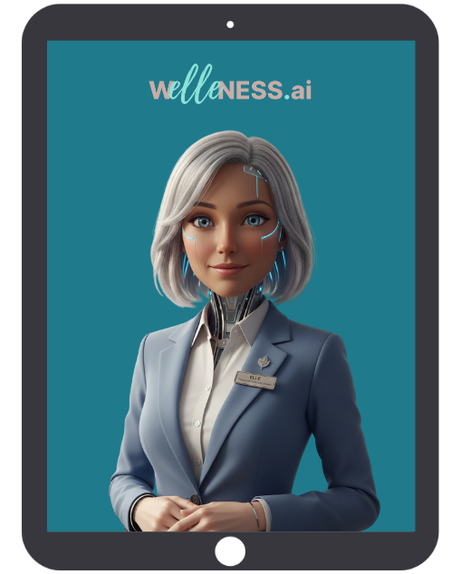Tablet screen displaying a digital avatar with silver hair and blue eyes, wearing a blue blazer and white shirt, labeled 'ELLE,' with the text 'wellness.ai' above.