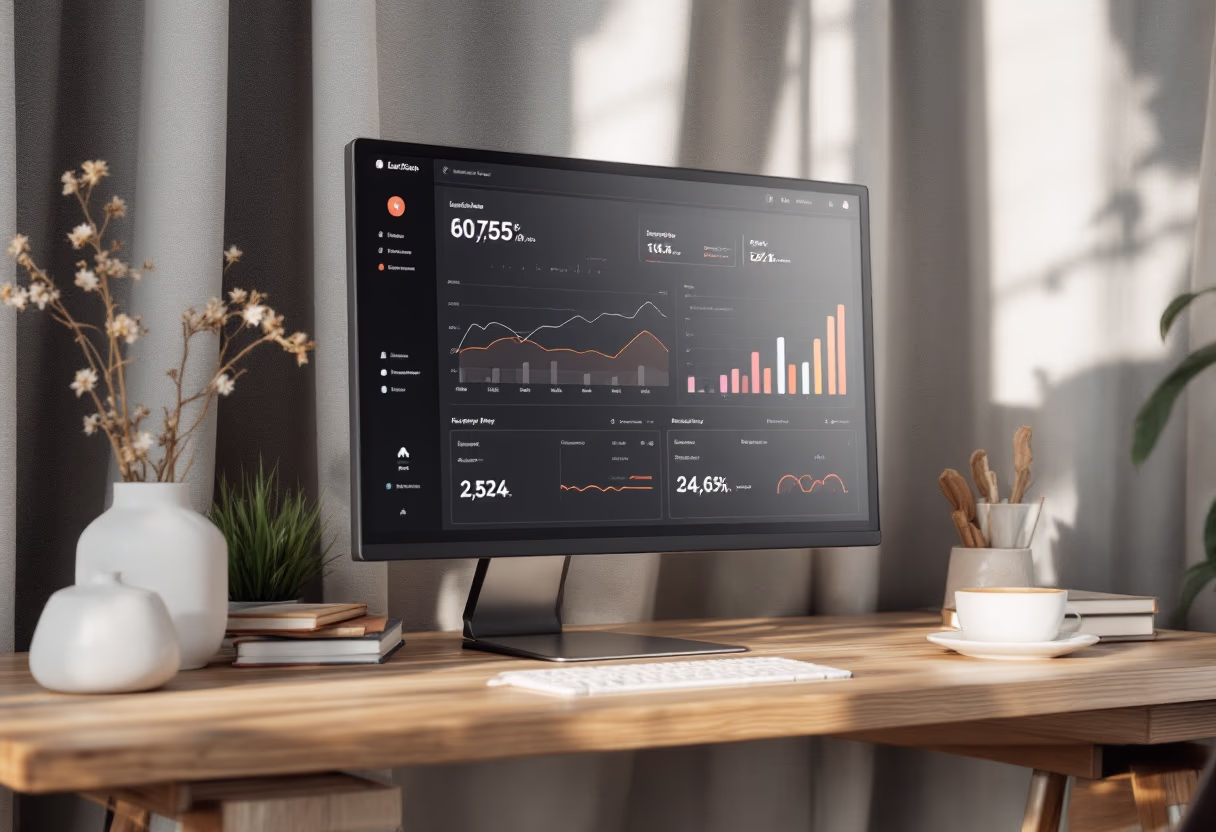 Modern wooden desk with a large monitor displaying graphs and statistics, white keyboard, potted plants, books, and a cup of coffee.