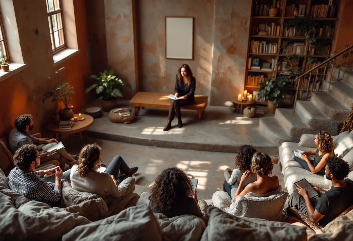 Group of people seated in a cozy room attentively listening to a woman reading from a book.