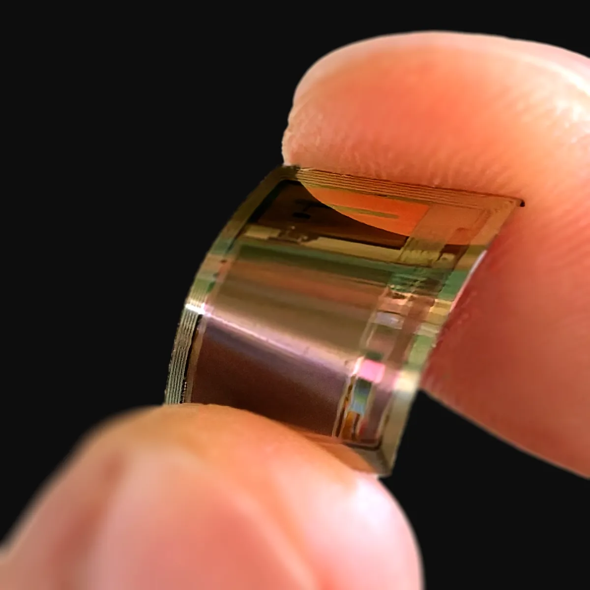 Close-up of fingers holding a small, flexible electronic circuit chip.