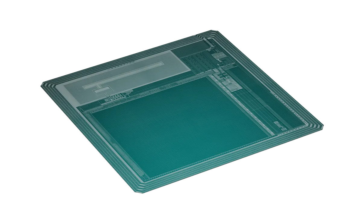 3D-rendered close-up of a blue microchip or semiconductor chip with intricate circuit patterns.