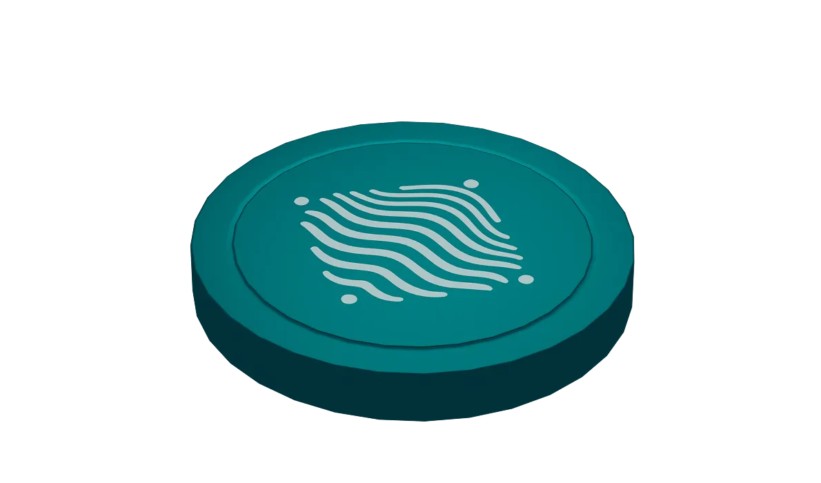 Dark teal circular digital device with a white stylized fingerprint icon on top.