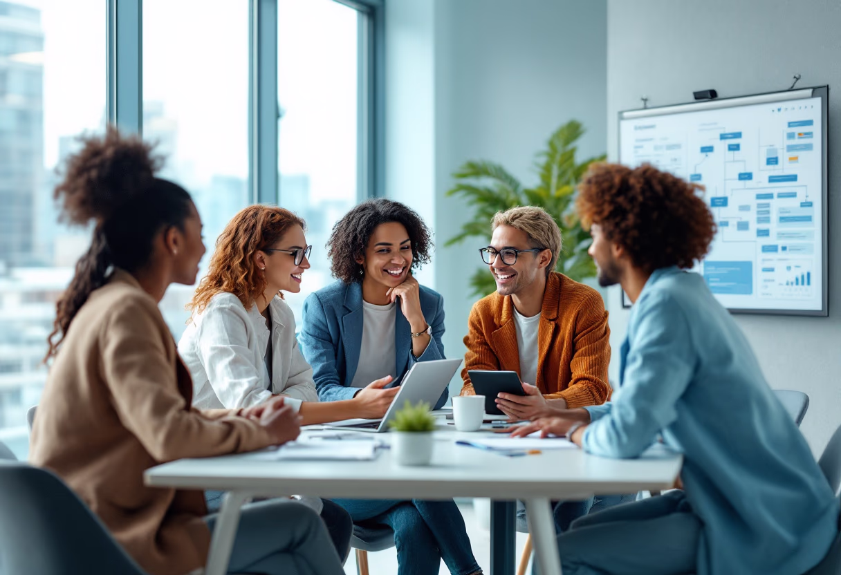 image of a team brainstorming in an office (for a web development agency)