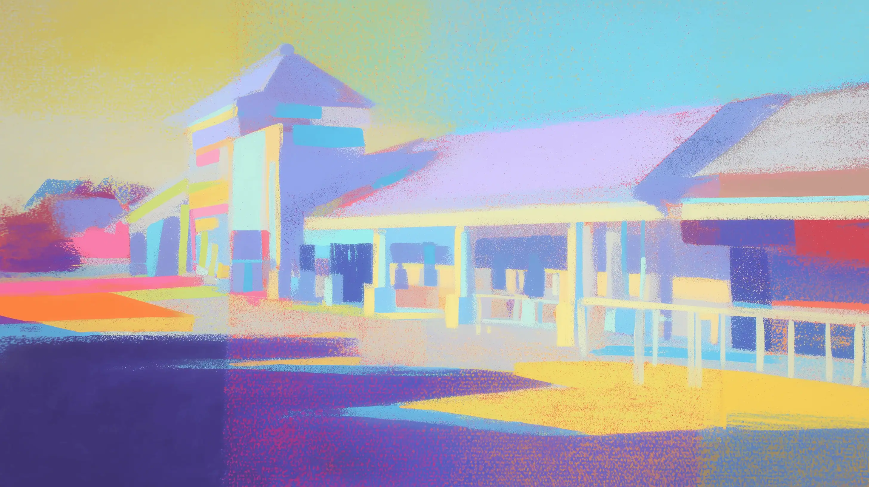 Abstract illustration of a colorful school building complex with multiple sections