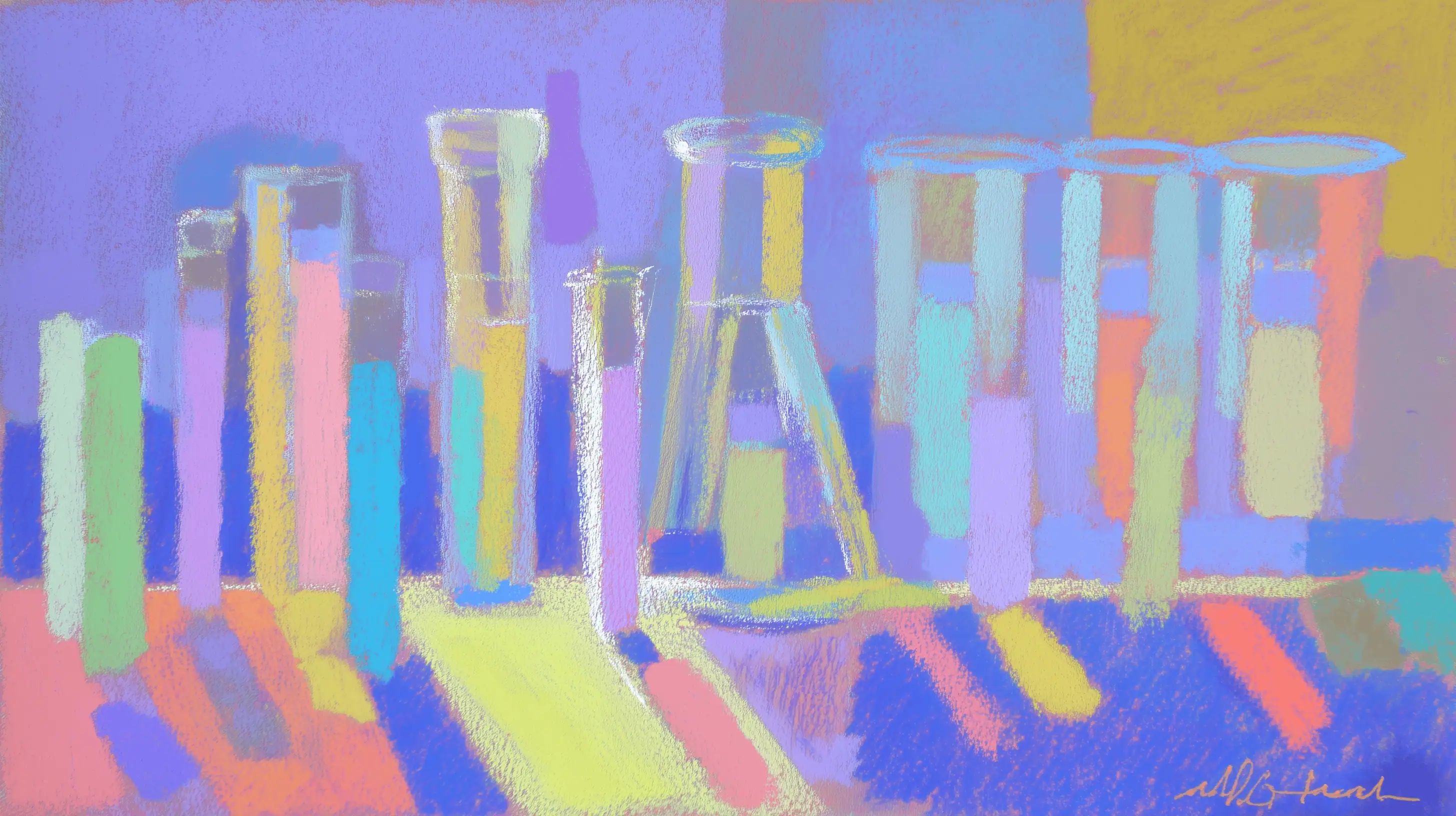 Abstract illustration of test tubes, beakers, and laboratory glassware with colorful shadows