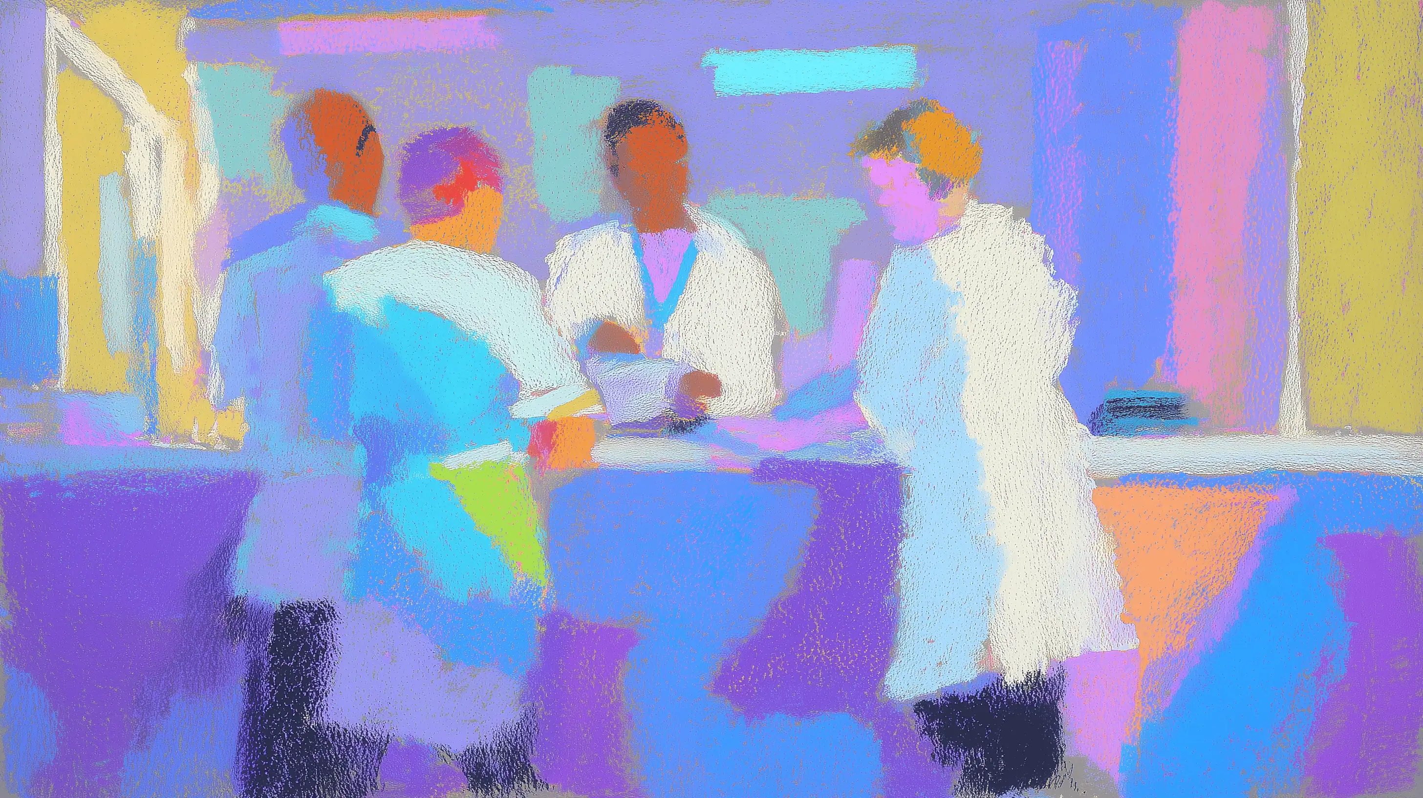 Abstract illustration of four medical professionals in lab coats gathered around a counter