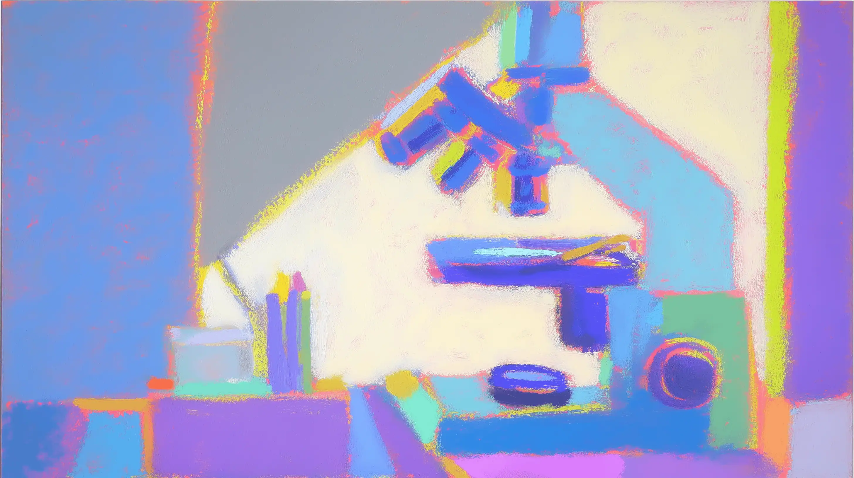 Abstract illustration of a microscope and laboratory equipment on a workbench