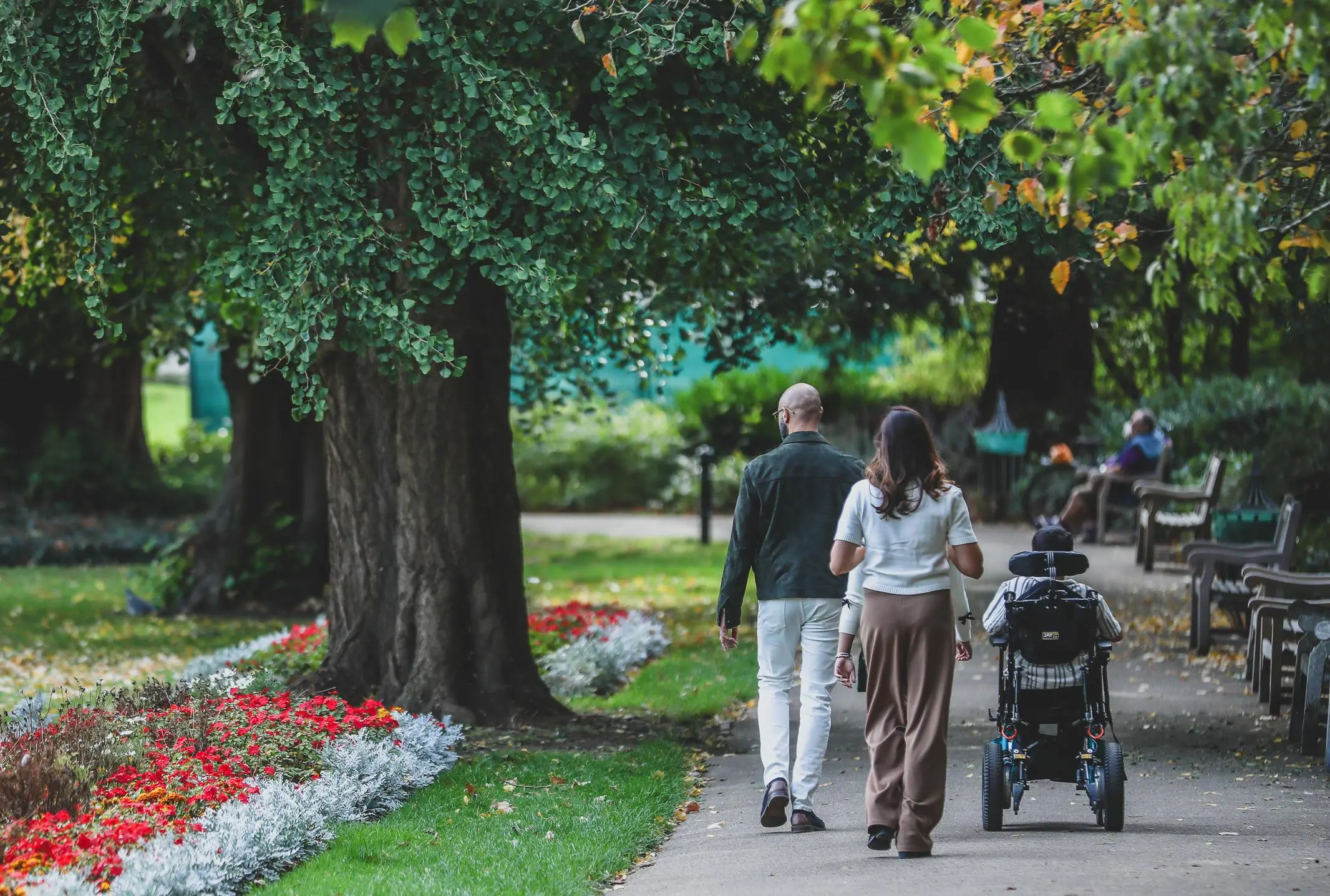 People walking together in a park, one using a wheelchair
