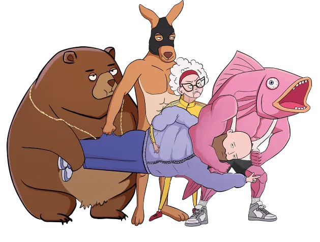 Cartoon characters including a bear, a muscular kangaroo, an elderly woman, and a fish-costumed character holding a man horizontally.