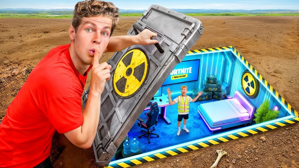 A young man in a red shirt lifts a large metal hatch with a yellow and black radiation symbol to reveal a hidden underground room furnished with a gaming setup, a bed, and shelves holding crates marked with radiation symbols in a blue-lit environment.