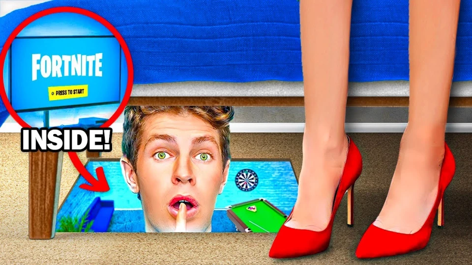 A person with green eyes and hand on lips looking surprised, peeking from under a blue bed with beige carpet, near a pair of legs wearing red high heels, with a zoomed inset showing a Fortnite game screen and text ‘INSIDE!’ with a red arrow pointing under the bed.